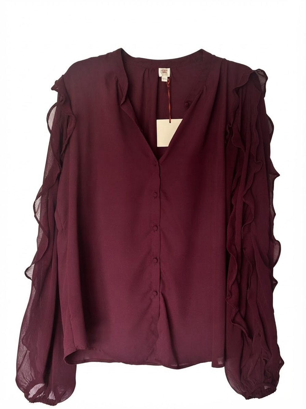Womens Ruffle-Sleeve Button Front Blouse - Wine